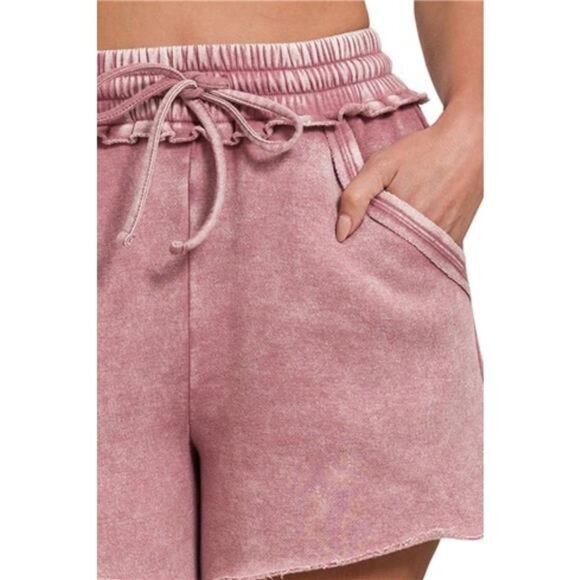 Zenana Acid Wash Fleece Drawstring Shorts With Pockets - Picture 3 of 3